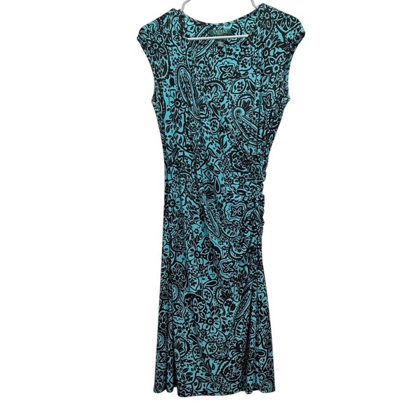 Ralph Lauren Teal Green Paisley Floral Side Ruched Sleeveless Dress Size 6‎ - Picture 1 of 8